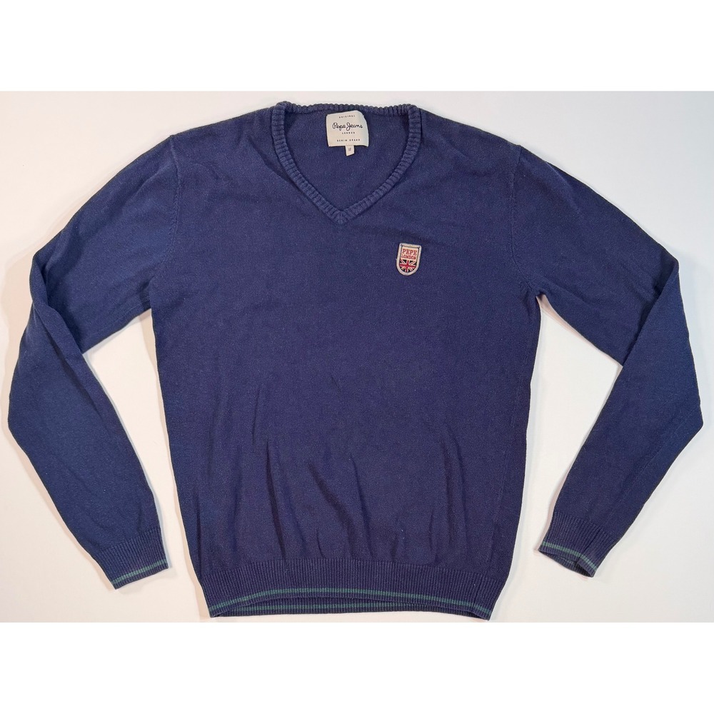 Pepe Jeans London Mens V-Neck Sweater Navy Blue Crest Logo Pullover Size M